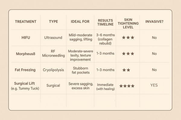 Table showing the comparisons of Skin tightening Liss treatment options.